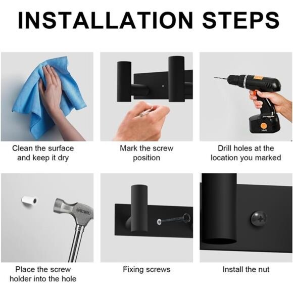 Black Hat and Coat Wall Mount Rack 5 Hooks for Robes, Bags - Picture 12 of 14